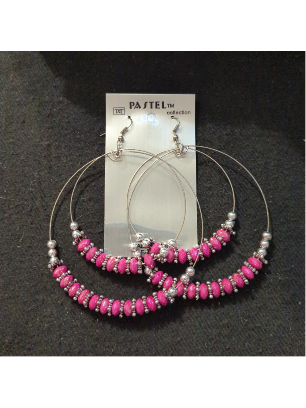 Pastel Collection Silver Tone Pink Beaded Hoop Dangle Statement Earrings